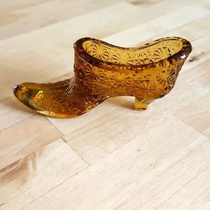 Vintage Amber Fenton Daisy And Button Bow Glass Shoe Slipper Boot